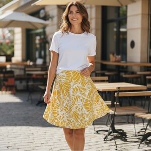 Ann Taylor LOFT Yellow White Leaf Print Linen Blend Mini Skirt Size 8